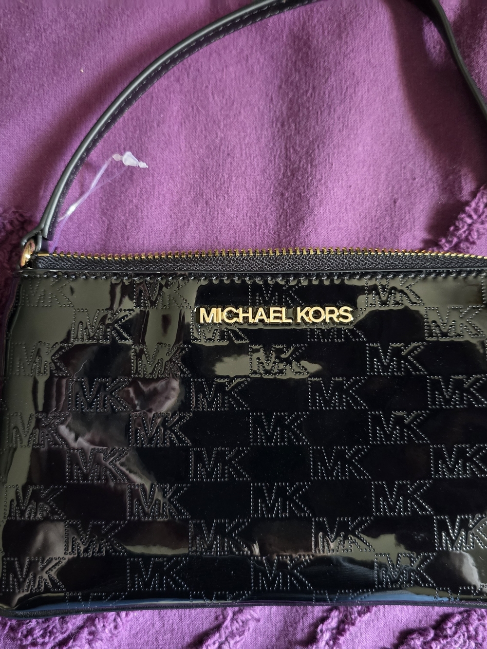 Michael Kors Black Patent MK Monogram Shoulder Bag with Gold Logo